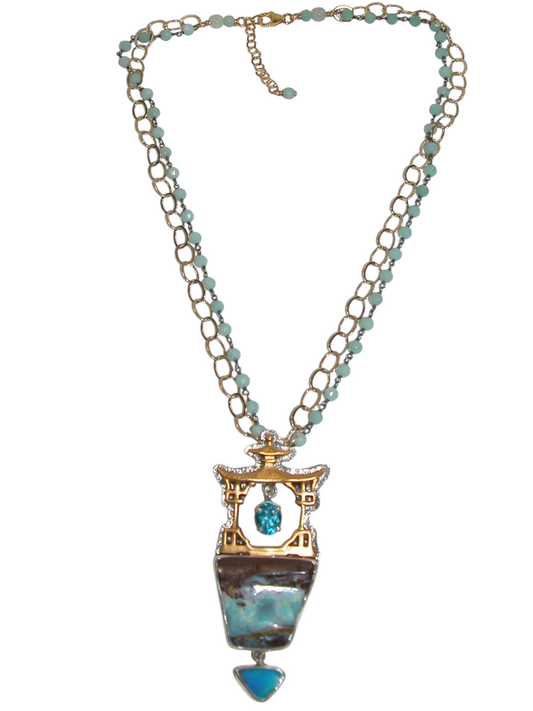 40101 Pagoda Boulder Opal Pendant on Amazonite Chain Necklace