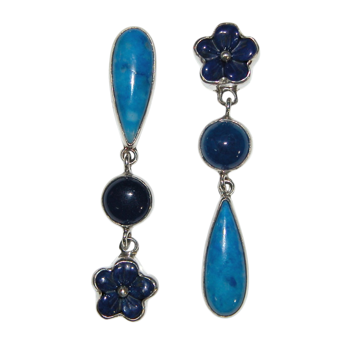 40116 Carved Blue Lapis Flower Asymmetrical Sterling Earring