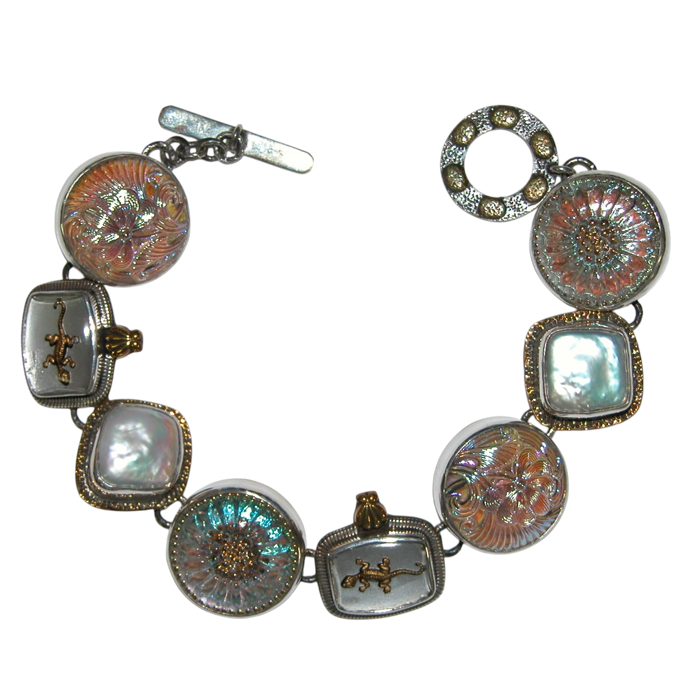40120 Czech Glass Button Freshwater Pearl Bezel Set Bracelet