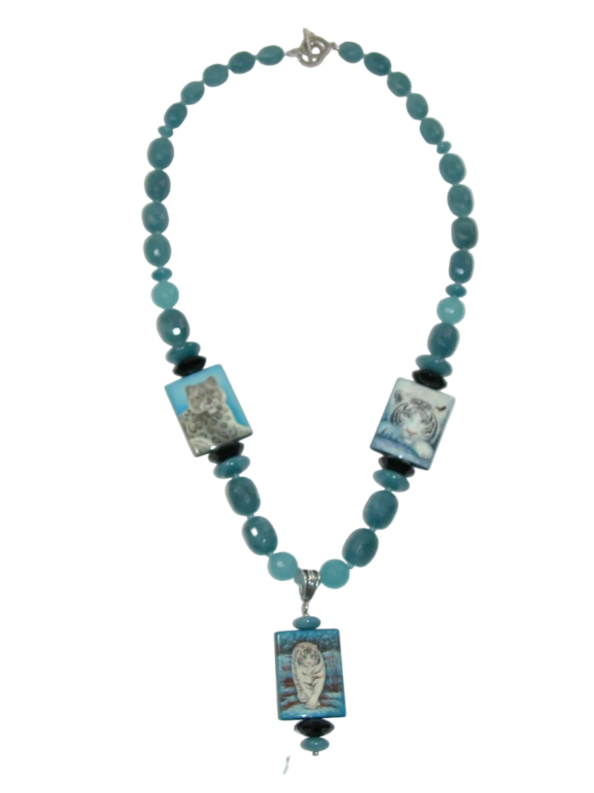 40129 Hand Painted Miniature on Black Onyx, Aquamarine Sterling Silver Clasp