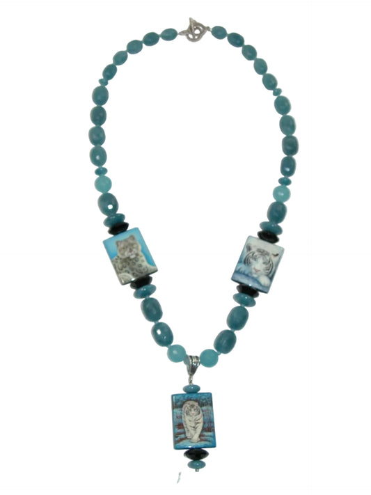 40129 Hand Painted Miniature on Black Onyx, Aquamarine Sterling Silver Clasp
