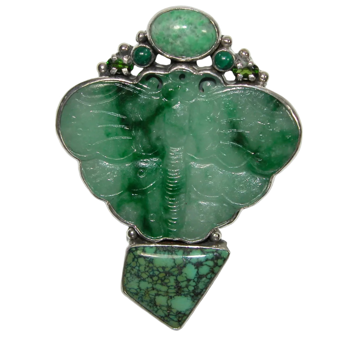 40137 Carved Jade Chrysoprase Turquoise Sterling Silver One of a Kind pin and pendant