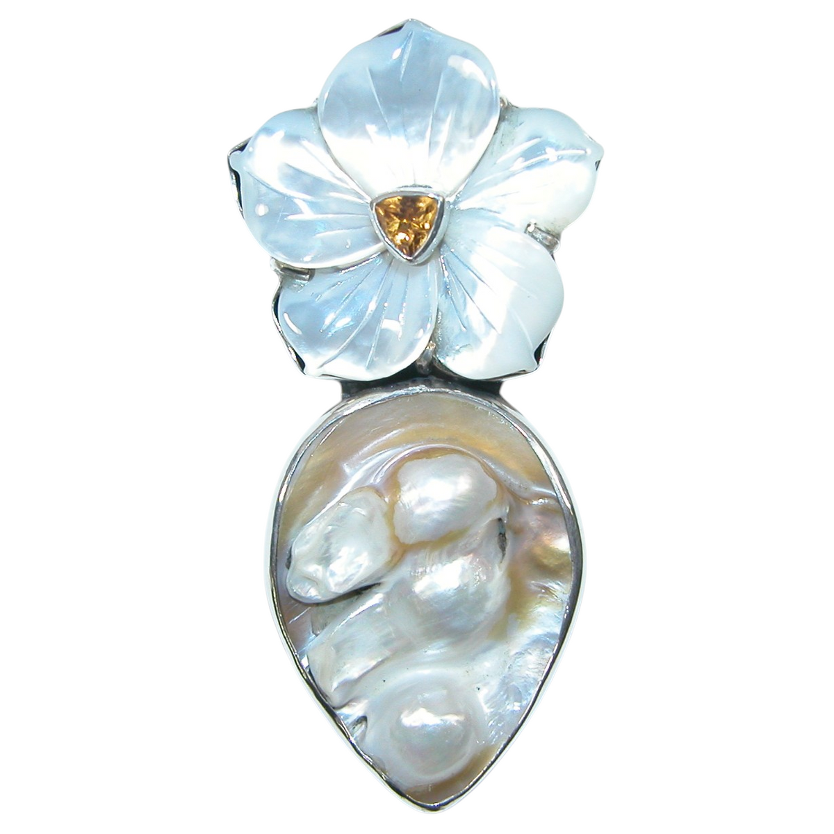 40139 Carved Mother of Pearl Flower Citrine Sterling Silver Pin Pendant