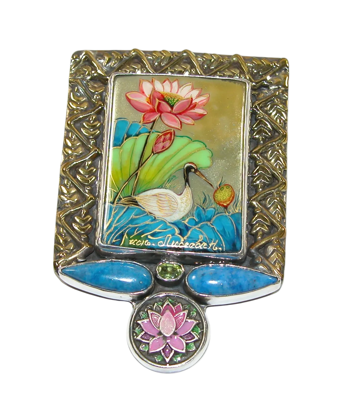 40143 Hand Painted Miniature Swan on Onyx, Lapis, Peridot Hand Enameled Lotus Sterling Silver with Brass back Pin Pendant