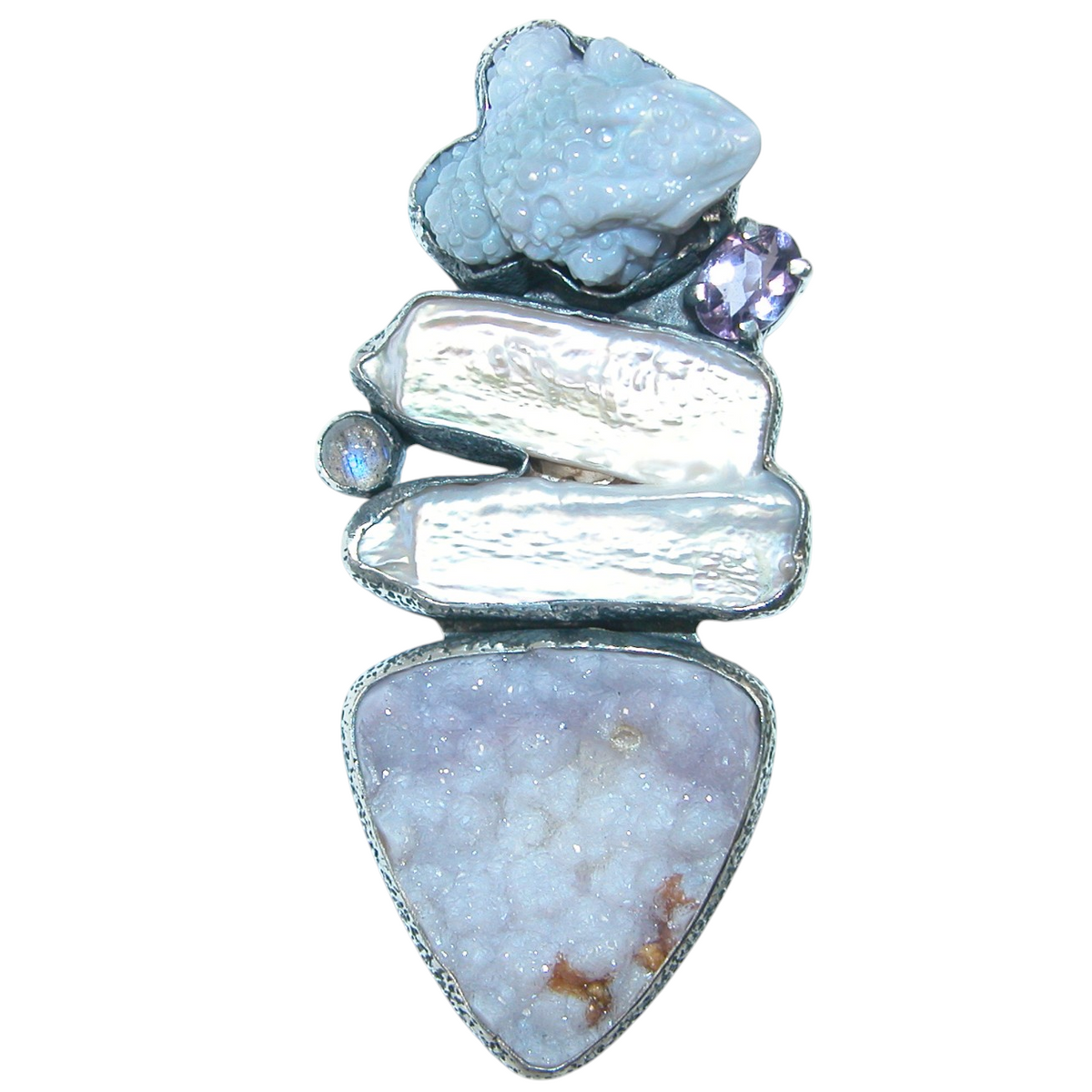 40144 Carved Opal Frog Pearl Drusy Agate Sterling Silver Pin and Pendant