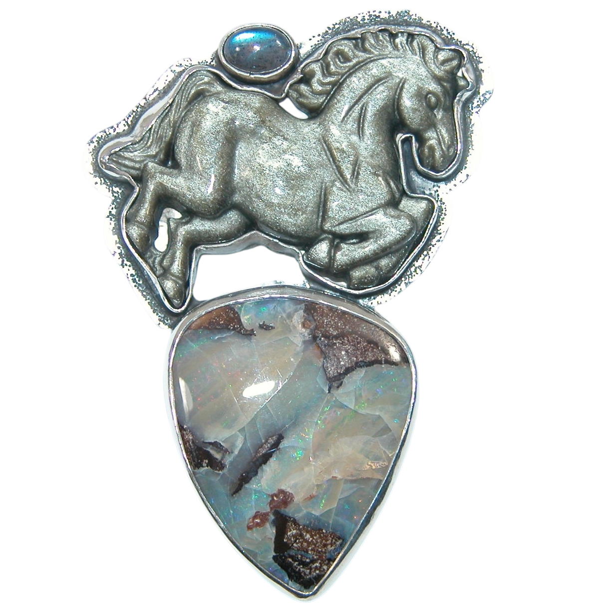 40151 Obsidian Carved Horse Boulder Opal Sterling Silver Pin Pendant