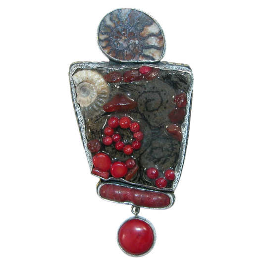 40152 Ammonite Fossil Sponge Coral Sterling Silver Pin and Pendant