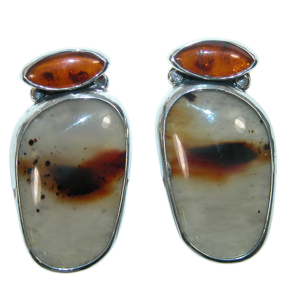 40155 Hessonite Garnet Montanna Agate Sterling Silver Earring
