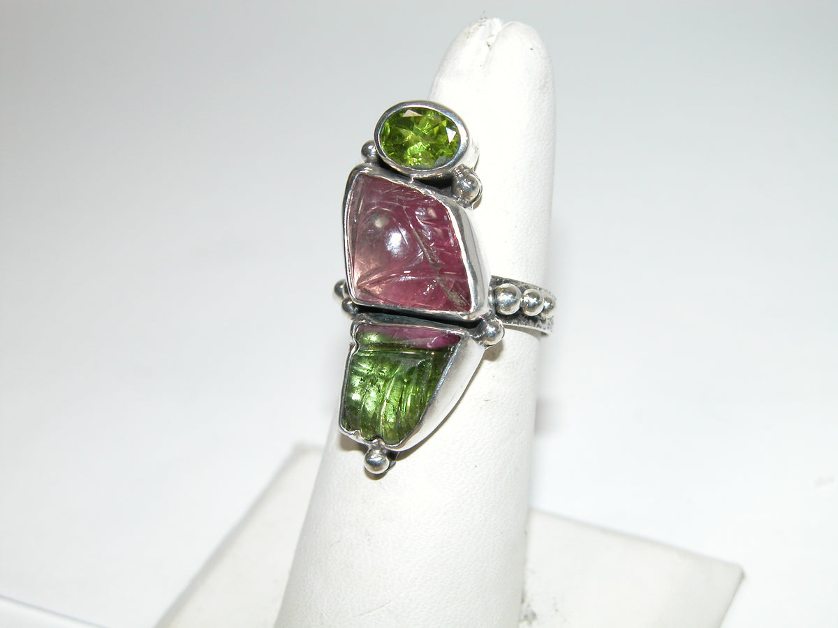 40231 Watermelon Tourmaline Peridot Sterling Silver Adjustable Ring