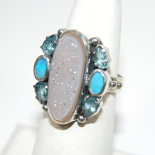 40234 Drusy Blue Topaz Opal Sterling Silver Adjustable Ring