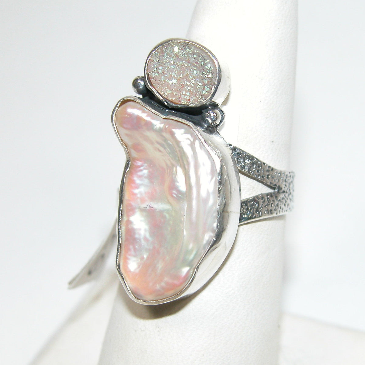 40238 Brazilian Drusy Agate Freshwater Pearl Sterling Silver Adjustable Ring