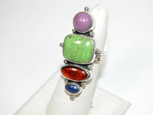 40239 Gaspeite Amber Lapis Sterling Silver Adjustable Ring