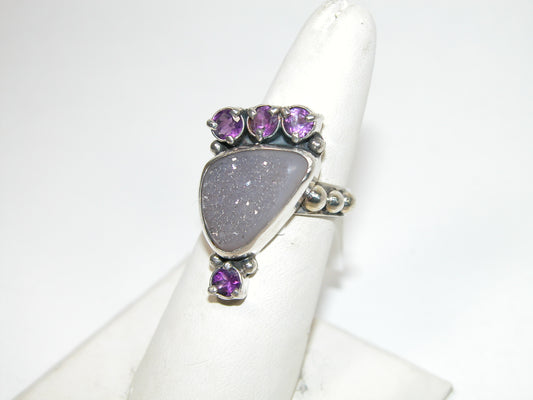 40240 Amethyst Brazilian Drusy Agate Sterling Silver Adjustable Ring