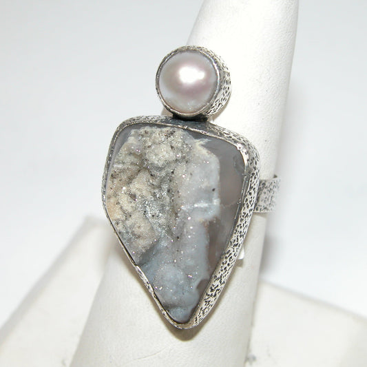 40242a Freshwater Pearl Natural Drusy Sterling Silver Adjustable Ring