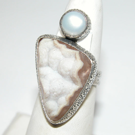 40242B Freshwater Pearl Natural Drusy Sterling Silver Adjustable Ring