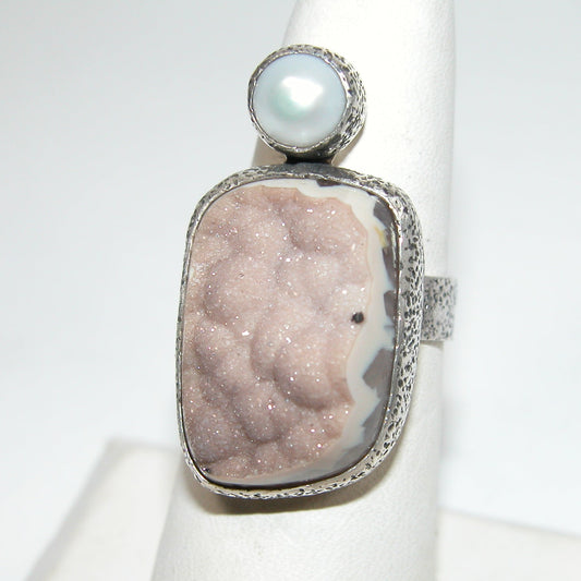 40242c Freshwater Pearl Natural Drusy Sterling Silver Adjustable Ring