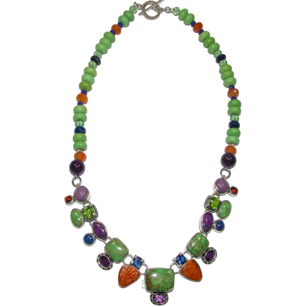 40267 Gaspeite Spiny Oyster Amethyst Lapis Sterling Silver Necklace