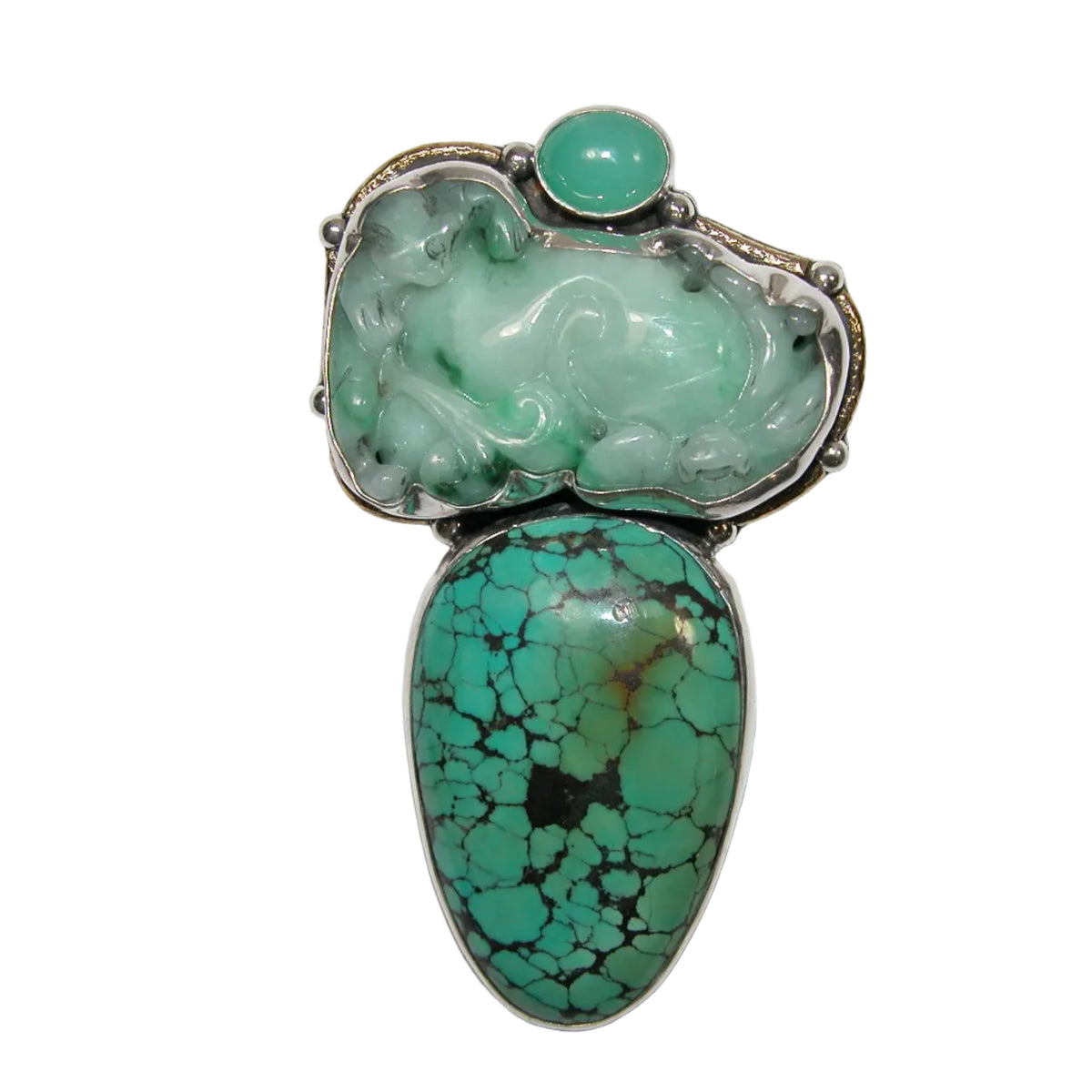 40271 Carved Jade Turquoise One of a Kind Sterling Silver pin and pendant