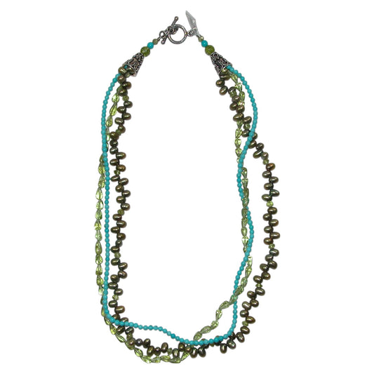 Turquoise, Peridot, Pearl Beaded Multi-Strand Sterling Silver Necklace