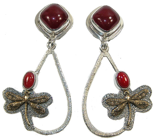 22226 Carnelian Coral Dragonfly Sterling Silver Drop Earring