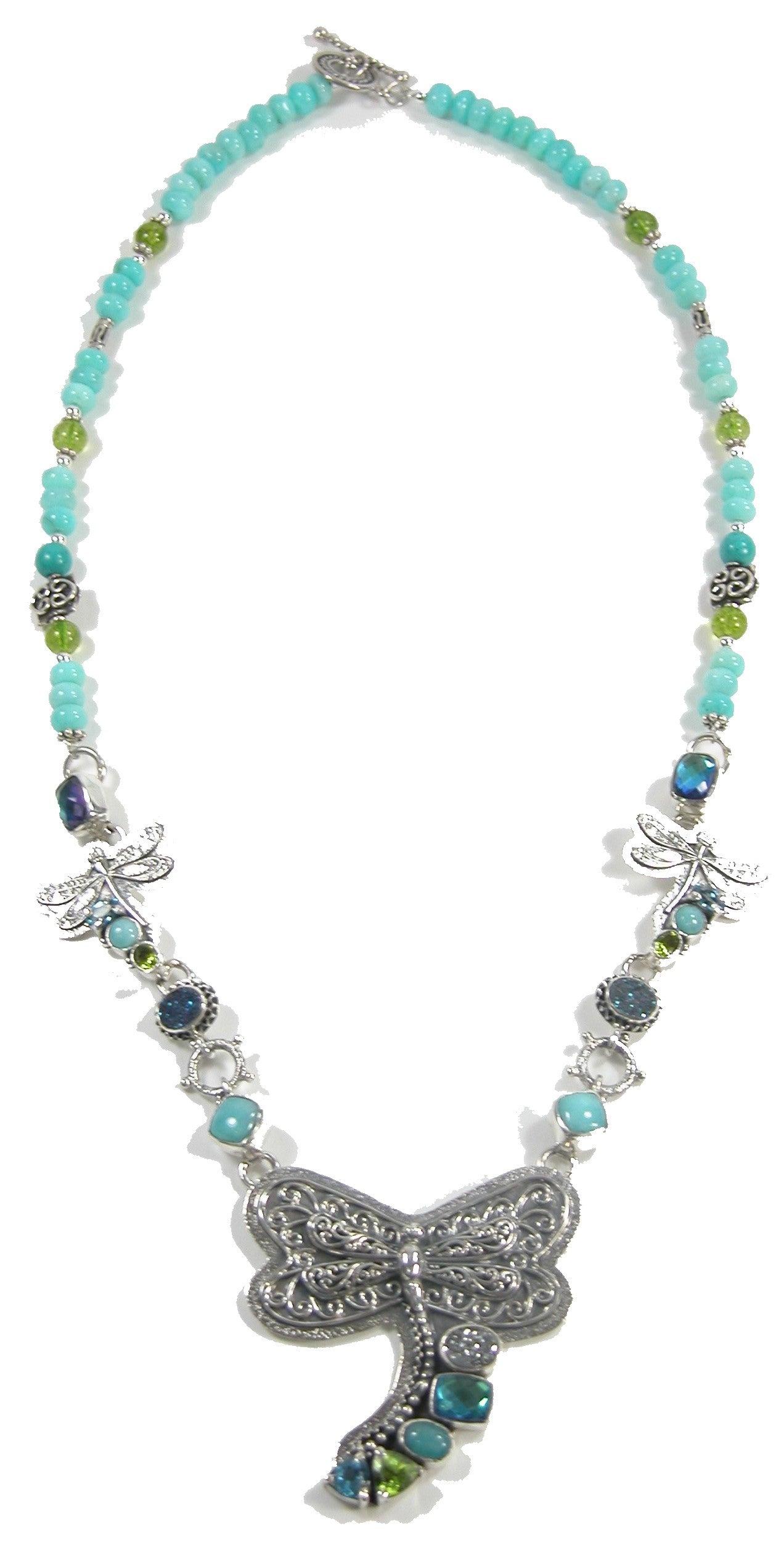 Amazonite Blue Topaz Peridot Dragonfly Sterling Necklace