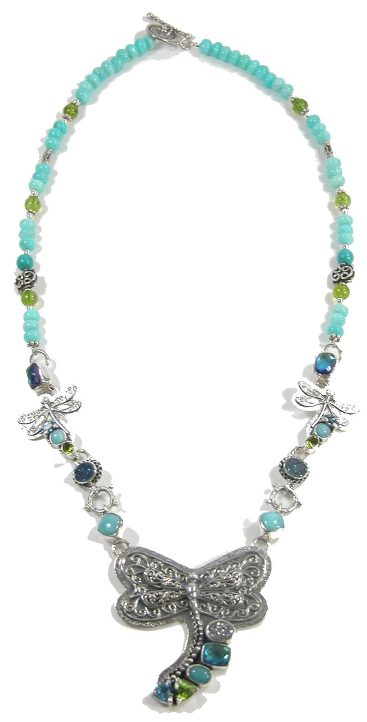 Amazonite Blue Topaz Peridot Dragonfly Sterling Necklace