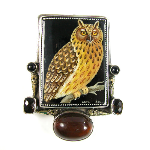 Russian Hand Painted Owl on Black Onyx, Chinese Amber, Smokey Quartz Sterling Silver Pin and Pendant
