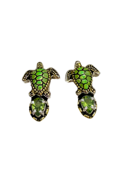 32186 Hand Enamel Turtle Quartz Sterling Silver Earrings