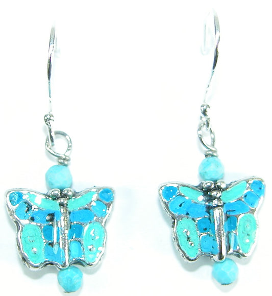 Hand Painted Blue Enamel Butterfly Drop Sterling Silver Earring