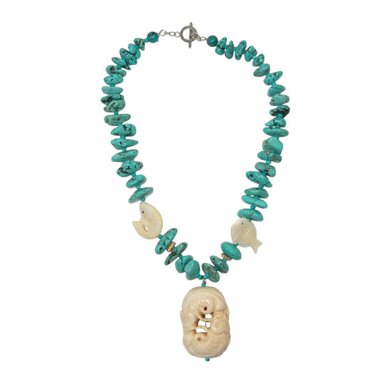 Carved Bone, Turquoise Sterling Silver Beaded Necklace