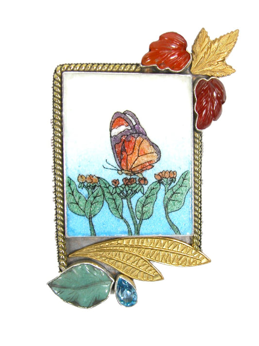 29370 Mosaic Butterfly, Carnelian, Jade, Blue Topaz, Sterling Silver Pin Pendant