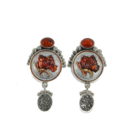 29357 Czech Button Butterfly Drusy Sterling Silver Earrings