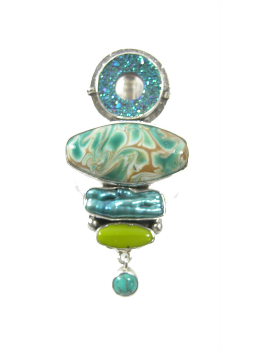 22584 Titanium Over Drusy, Pearl Sterling Silver Pin and Pendant