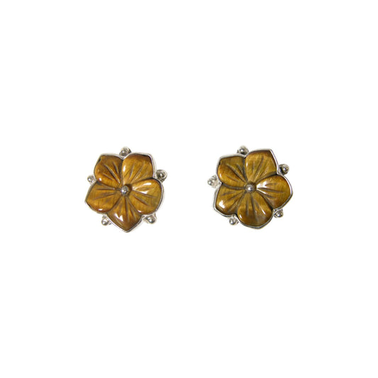 32158Tiger Eye Flower Sterling Silver Stud Earrings