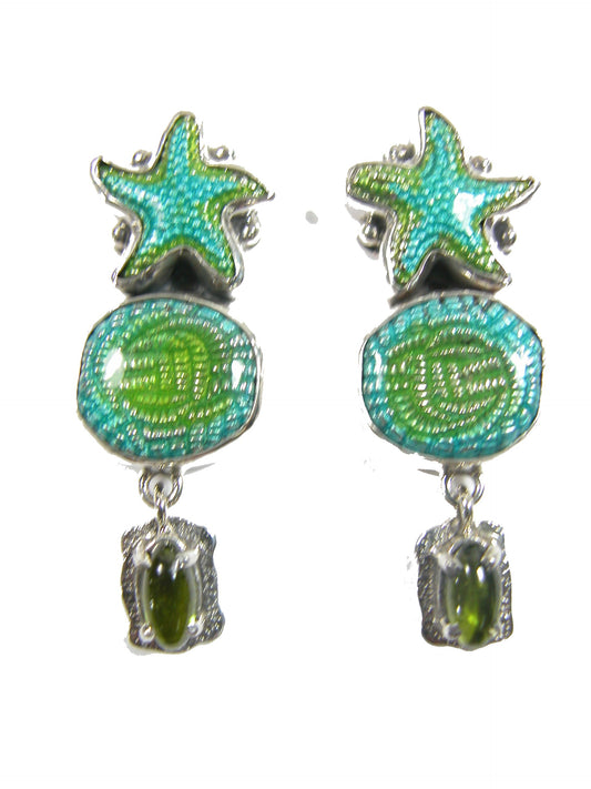 Peridot and Hand Enameled Starfish Dangle Sterling Silver Earrings