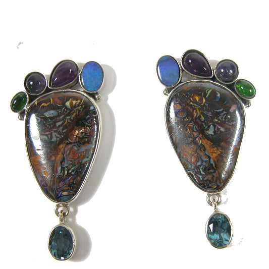 29460 Amethyst, Blue Topaz, Boulder Opal, Chrome Diopside Sterling Silver Earrings