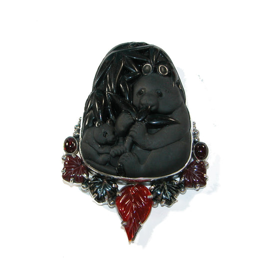 18694 Hand Carved Obsidian, Garnet, Carnelian Bear Sterling Silver Pin and Pendant