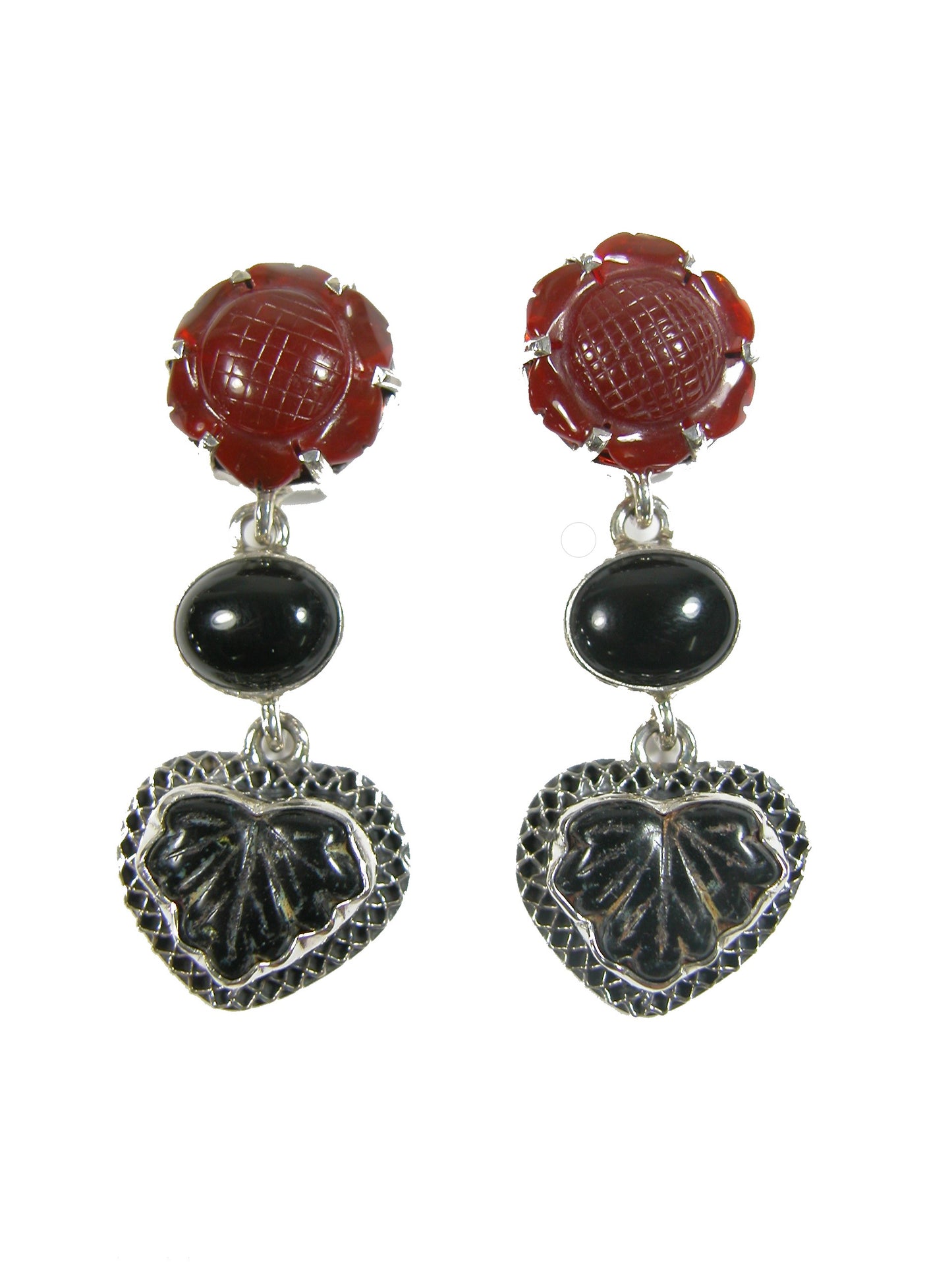 19658A Carnelian Black Onyx Leaf Sterling Silver Drop Earrings