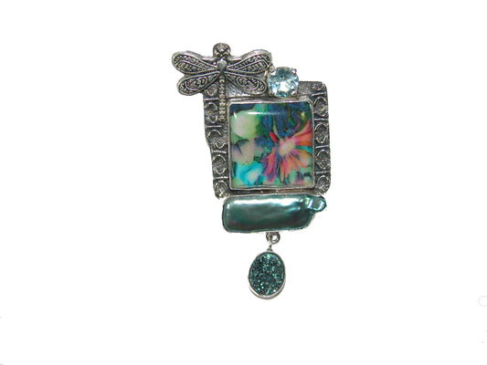 29876A Handmade Tile Freshwater Pearl Titanium Clad Drusy Blue Topaz Sterling Silver Pin Pendant