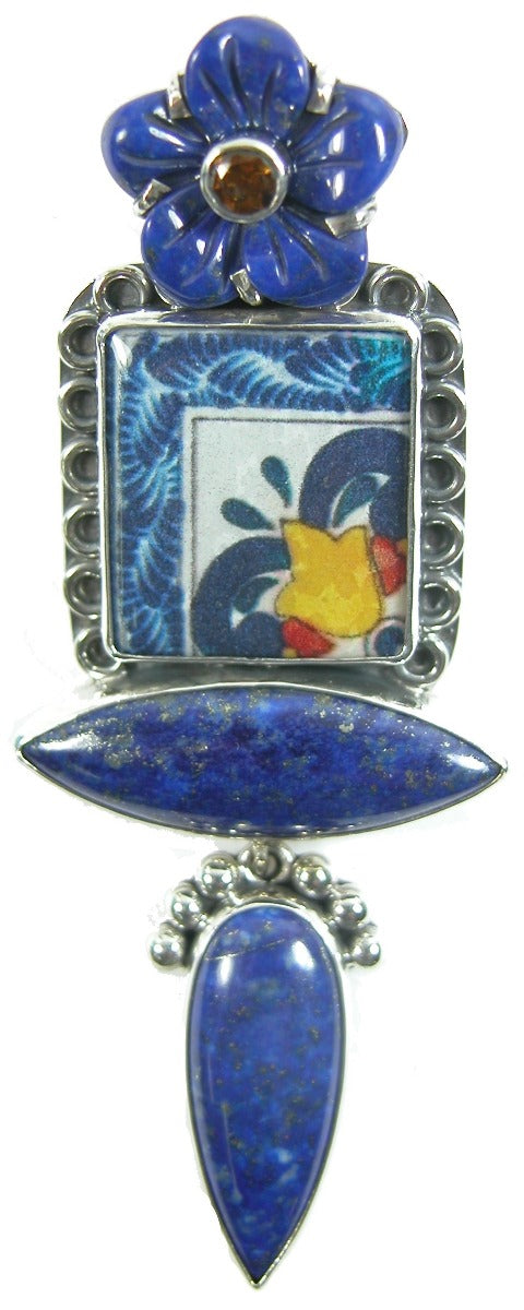 29804 Hand Painted Tile Lapis Citrine Flower Sterling Silver Pin and Pendant