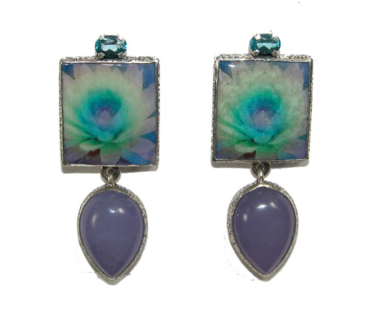 29787 Blue Topaz Flower Tile Sterling Silver Dangle Earrings