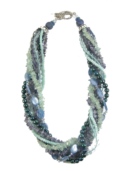 Freshwater Pearl, Iolite, Crystal, Aquamarine Multistrand Beaded Necklace
