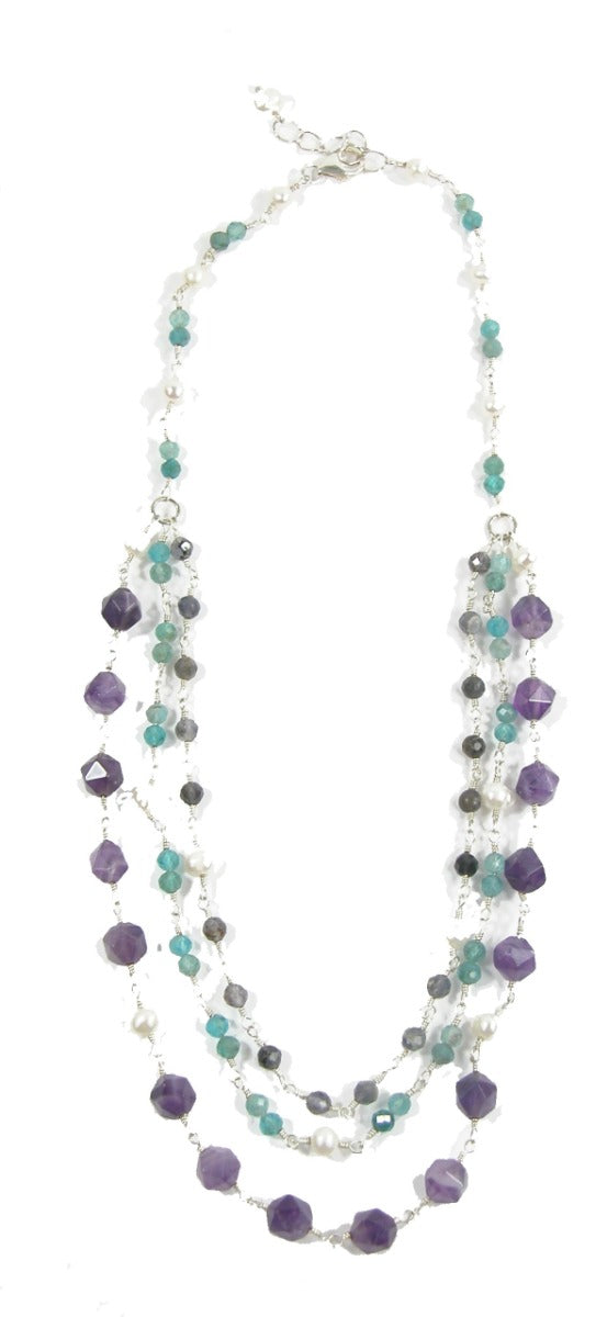 Amethyst Apatite Freshwater Pearl Multi Strand Sterling Silver Necklace