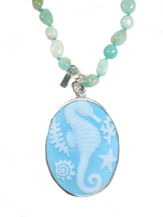 Amazonite, Etched Seahorse Cameo Beaded Sterling Silver Necklace and Pendant