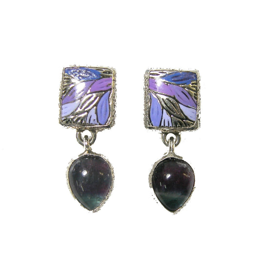 31751 Fluorite Enamel Leaf Sterling Silver Drop Earrings