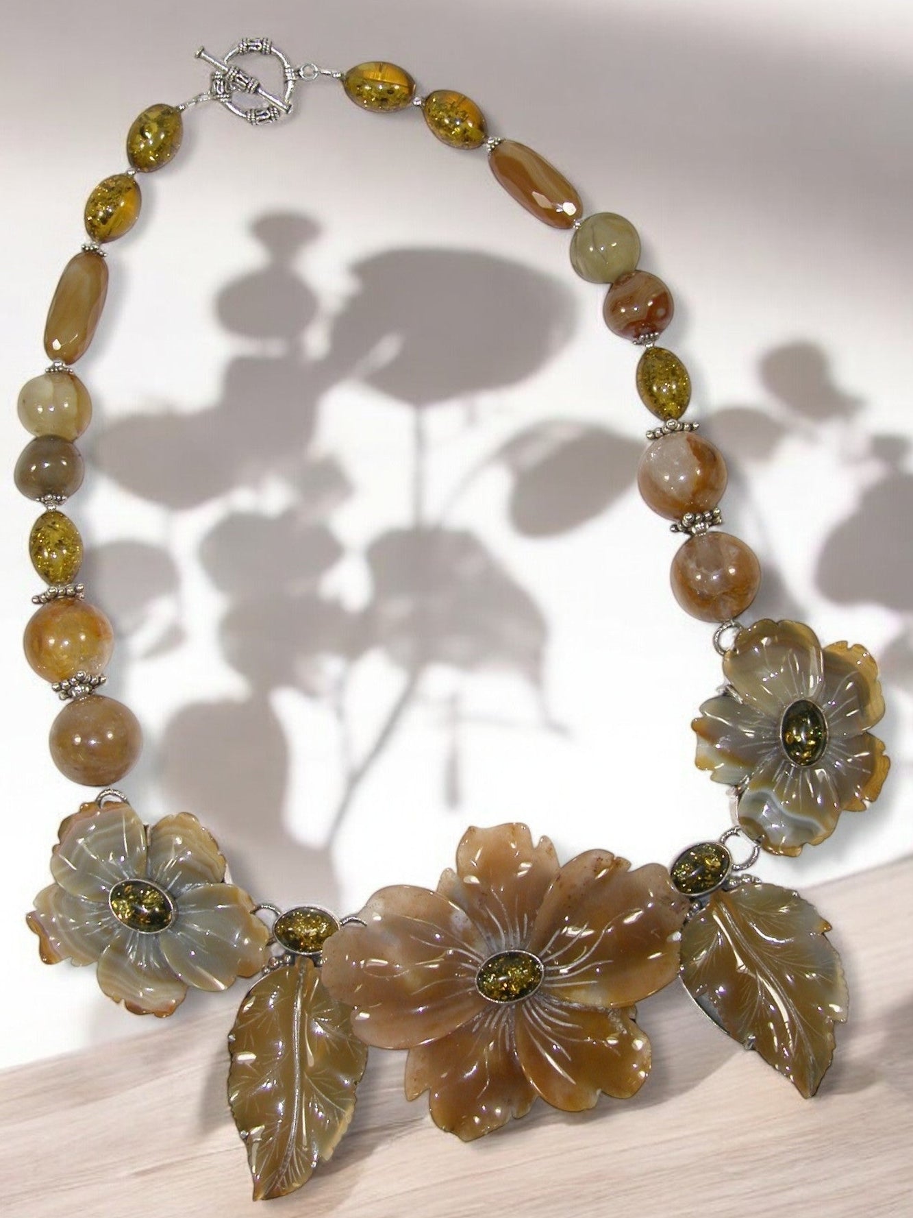 30678 Agate Flower Amber Necklace Sterling Silver