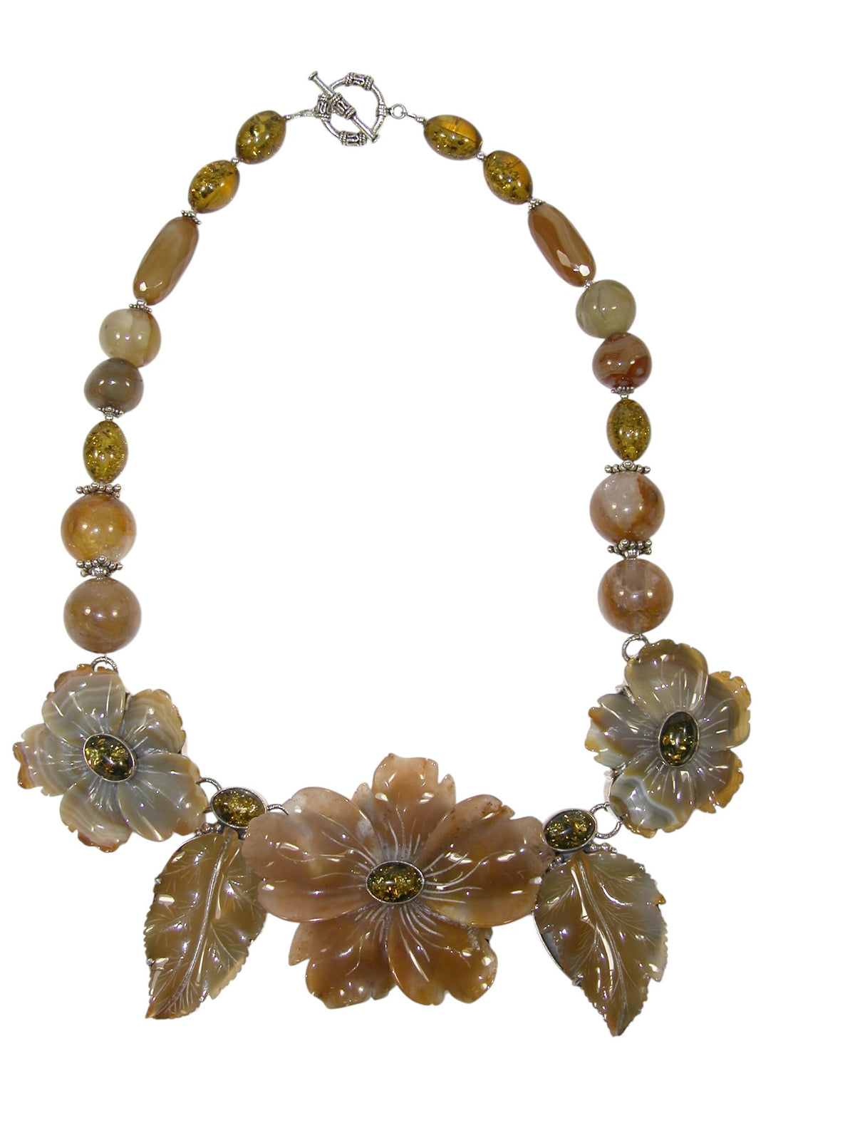 30678 Agate Flower Amber Necklace Sterling Silver