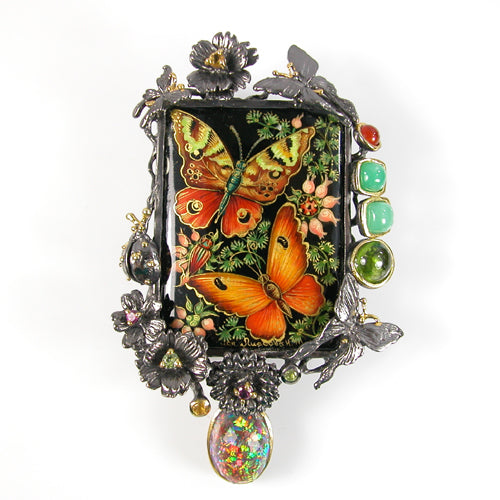 Hand Painted Butterflies with Gemstones Pin - Pendant