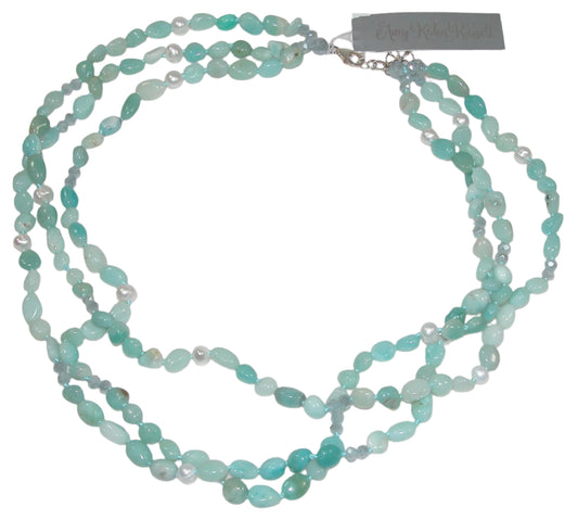 5063 Amazonite and Freshwater Pearl 3 Strand Necklace