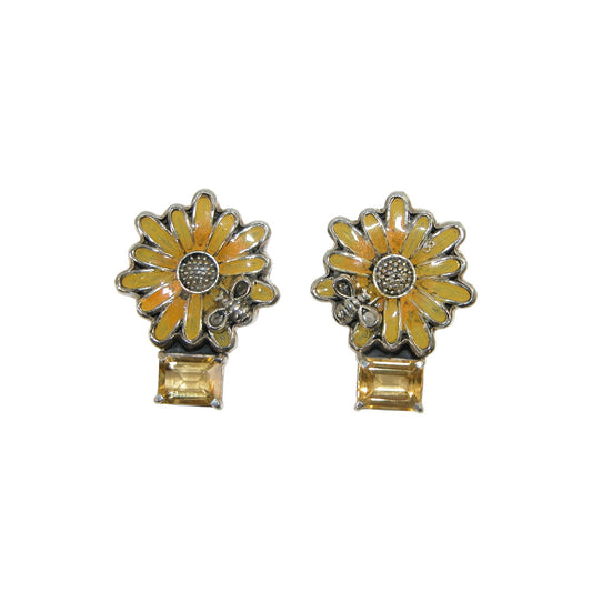 50824 Sunflower Bee Citrine Hand Enameling Sterling Silver Earrings